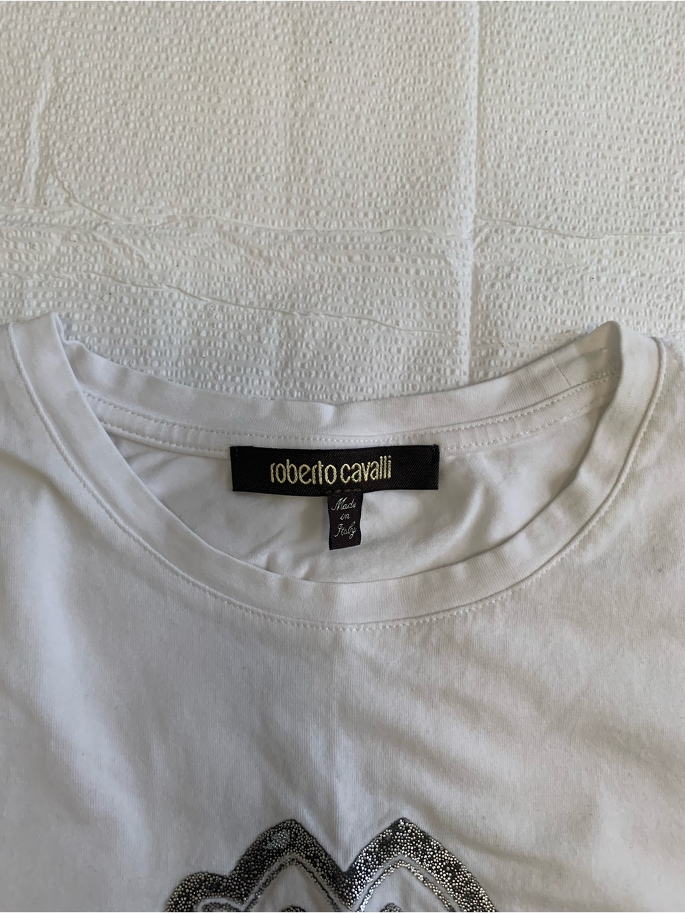 Roberto Cavalli White Tee with Metallic Silver Embellishment